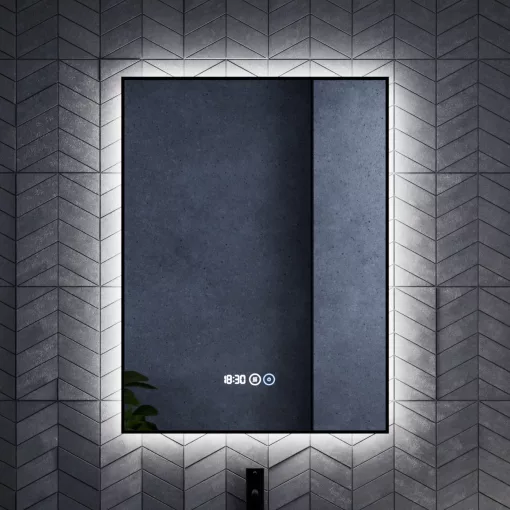 HD Glow Black 60 cm széles fali szögletes LED okostükör, fekete slim kerettel, ambient világítással, érintőkapcsolóval, digitális órával és páramentesítő funkcióval