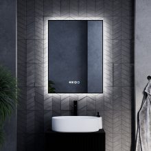 HD Glow 60 cm széles fali szögletes LED okostükör, fekete slim kerettel, ambient világítással, érintőkapcsolóval, digitális órával és páramentesítő funkcióval