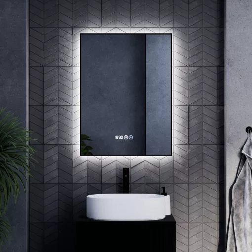 HD Glow Black 60 cm széles fali szögletes LED okostükör, fekete slim kerettel, ambient világítással, érintőkapcsolóval, digitális órával és páramentesítő funkcióval
