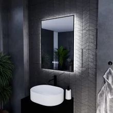 HD Glow Black 60 cm széles fali szögletes LED okostükör, fekete slim kerettel, ambient világítással, érintőkapcsolóval, digitális órával és páramentesítő funkcióval