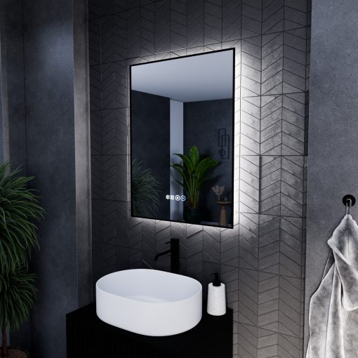HD Glow 60 cm széles fali szögletes LED okostükör, fekete slim kerettel, ambient világítással, érintőkapcsolóval, digitális órával és páramentesítő funkcióval