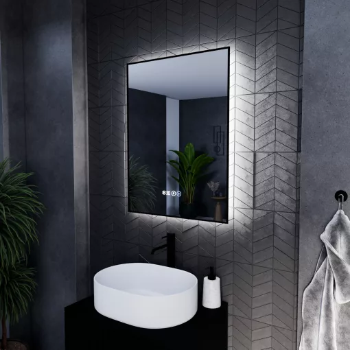 HD Glow Black 60 cm széles fali szögletes LED okostükör, fekete slim kerettel, ambient világítással, érintőkapcsolóval, digitális órával és páramentesítő funkcióval