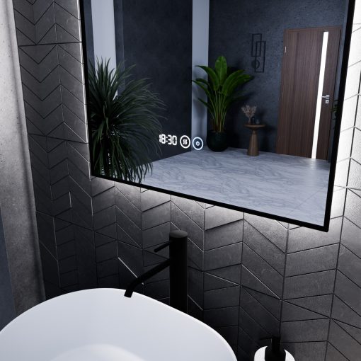 HD Glow 60 cm széles fali szögletes LED okostükör, fekete slim kerettel, ambient világítással, érintőkapcsolóval, digitális órával és páramentesítő funkcióval