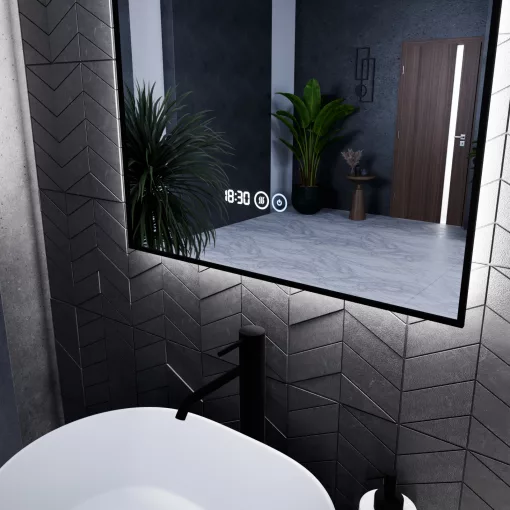 HD Glow Black 60 cm széles fali szögletes LED okostükör, fekete slim kerettel, ambient világítással, érintőkapcsolóval, digitális órával és páramentesítő funkcióval