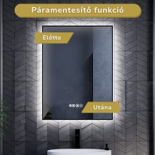 HD Glow 60 cm széles fali szögletes LED okostükör, fekete slim kerettel, ambient világítással, érintőkapcsolóval, digitális órával és páramentesítő funkcióval