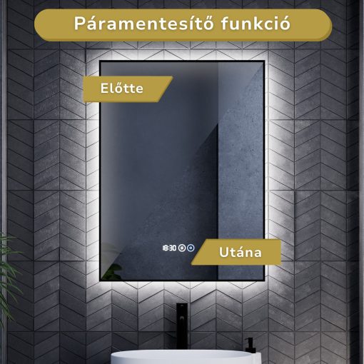 HD Glow 60 cm széles fali szögletes LED okostükör, fekete slim kerettel, ambient világítással, érintőkapcsolóval, digitális órával és páramentesítő funkcióval