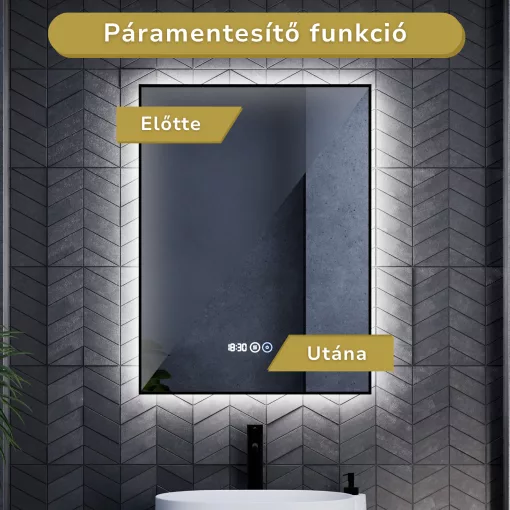 HD Glow Black 60 cm széles fali szögletes LED okostükör, fekete slim kerettel, ambient világítással, érintőkapcsolóval, digitális órával és páramentesítő funkcióval
