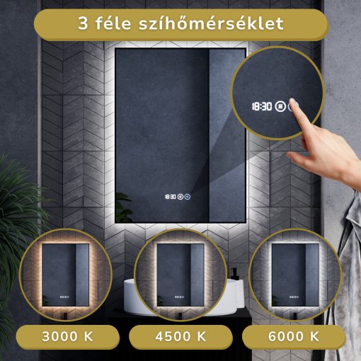 HD Glow 60 cm széles fali szögletes LED okostükör, fekete slim kerettel, ambient világítással, érintőkapcsolóval, digitális órával és páramentesítő funkcióval