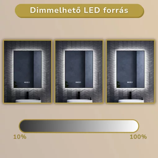 HD Glow Black 60 cm széles fali szögletes LED okostükör, fekete slim kerettel, ambient világítással, érintőkapcsolóval, digitális órával és páramentesítő funkcióval