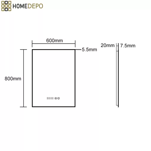 HD Glow Black 60 cm széles fali szögletes LED okostükör, fekete slim kerettel, ambient világítással, érintőkapcsolóval, digitális órával és páramentesítő funkcióval