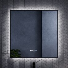 HD Glow 80 cm széles fali szögletes LED okostükör fekete slim kerettel, ambient világítással, érintőkapcsolóval, digitális órával és páramentesítő funkcióval