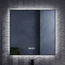 HD Glow Black 80 cm széles fali szögletes LED okostükör fekete slim kerettel, ambient világítással, érintőkapcsolóval, digitális órával és páramentesítő funkcióval