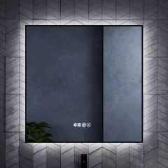   HD Glow Black 80 cm széles fali szögletes LED okostükör fekete slim kerettel, ambient világítással, érintőkapcsolóval, digitális órával és páramentesítő funkcióval