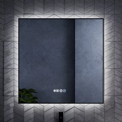 HD Glow Black 80 cm széles fali szögletes LED okostükör fekete slim kerettel, ambient világítással, érintőkapcsolóval, digitális órával és páramentesítő funkcióval