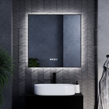 HD Glow 80 cm széles fali szögletes LED okostükör fekete slim kerettel, ambient világítással, érintőkapcsolóval, digitális órával és páramentesítő funkcióval