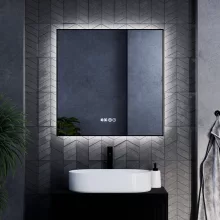 HD Glow Black 80 cm széles fali szögletes LED okostükör fekete slim kerettel, ambient világítással, érintőkapcsolóval, digitális órával és páramentesítő funkcióval