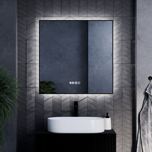 HD Glow 80 cm széles fali szögletes LED okostükör fekete slim kerettel, ambient világítással, érintőkapcsolóval, digitális órával és páramentesítő funkcióval