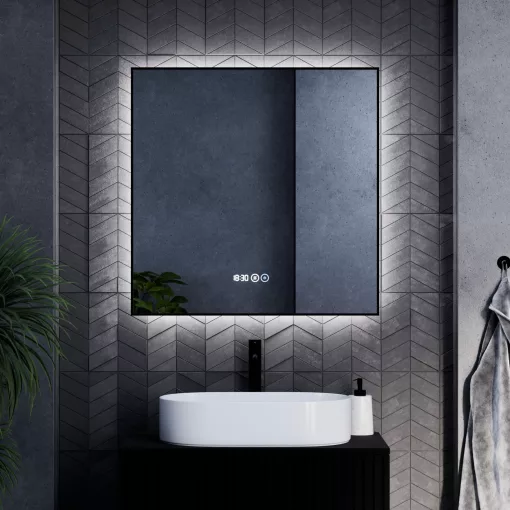 HD Glow Black 80 cm széles fali szögletes LED okostükör fekete slim kerettel, ambient világítással, érintőkapcsolóval, digitális órával és páramentesítő funkcióval