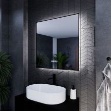 HD Glow 80 cm széles fali szögletes LED okostükör fekete slim kerettel, ambient világítással, érintőkapcsolóval, digitális órával és páramentesítő funkcióval