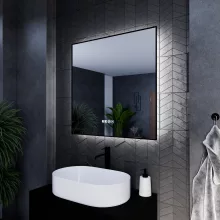 HD Glow Black 80 cm széles fali szögletes LED okostükör fekete slim kerettel, ambient világítással, érintőkapcsolóval, digitális órával és páramentesítő funkcióval