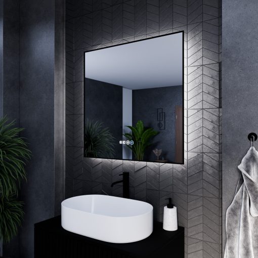 HD Glow 80 cm széles fali szögletes LED okostükör fekete slim kerettel, ambient világítással, érintőkapcsolóval, digitális órával és páramentesítő funkcióval