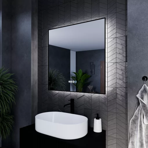 HD Glow Black 80 cm széles fali szögletes LED okostükör fekete slim kerettel, ambient világítással, érintőkapcsolóval, digitális órával és páramentesítő funkcióval