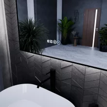 HD Glow Black 80 cm széles fali szögletes LED okostükör fekete slim kerettel, ambient világítással, érintőkapcsolóval, digitális órával és páramentesítő funkcióval