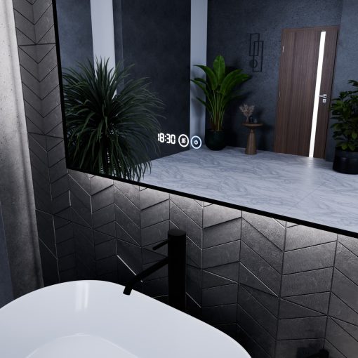 HD Glow 80 cm széles fali szögletes LED okostükör fekete slim kerettel, ambient világítással, érintőkapcsolóval, digitális órával és páramentesítő funkcióval