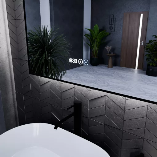 HD Glow Black 80 cm széles fali szögletes LED okostükör fekete slim kerettel, ambient világítással, érintőkapcsolóval, digitális órával és páramentesítő funkcióval