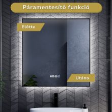 HD Glow 80 cm széles fali szögletes LED okostükör fekete slim kerettel, ambient világítással, érintőkapcsolóval, digitális órával és páramentesítő funkcióval