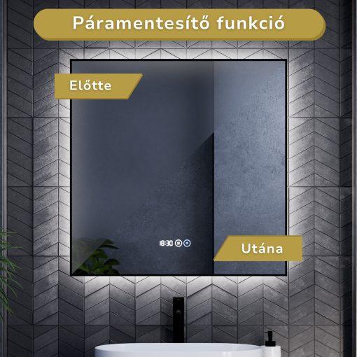 HD Glow 80 cm széles fali szögletes LED okostükör fekete slim kerettel, ambient világítással, érintőkapcsolóval, digitális órával és páramentesítő funkcióval