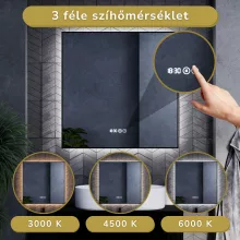 HD Glow Black 80 cm széles fali szögletes LED okostükör fekete slim kerettel, ambient világítással, érintőkapcsolóval, digitális órával és páramentesítő funkcióval