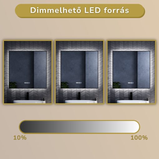 HD Glow 80 cm széles fali szögletes LED okostükör fekete slim kerettel, ambient világítással, érintőkapcsolóval, digitális órával és páramentesítő funkcióval