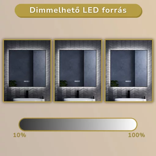 HD Glow Black 80 cm széles fali szögletes LED okostükör fekete slim kerettel, ambient világítással, érintőkapcsolóval, digitális órával és páramentesítő funkcióval