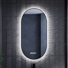 HD Light 50 cm széles fali ovális LED okostükör fekete slim kerettel, ambient világítással, érintőkapcsolóval, digitális órával és páramentesítő funkcióval