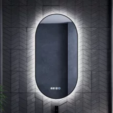 HD Light Black 50 cm széles fali ovális LED okostükör fekete slim kerettel, ambient világítással, érintőkapcsolóval, digitális órával és páramentesítő funkcióval