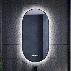   HD Light 50 cm széles fali ovális LED okostükör fekete slim kerettel, ambient világítással, érintőkapcsolóval, digitális órával és páramentesítő funkcióval