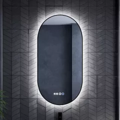   HD Light Black 50 cm széles fali ovális LED okostükör fekete slim kerettel, ambient világítással, érintőkapcsolóval, digitális órával és páramentesítő funkcióval