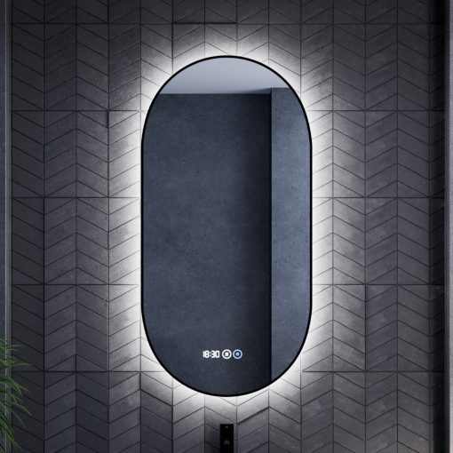 HD Light 50 cm széles fali ovális LED okostükör fekete slim kerettel, ambient világítással, érintőkapcsolóval, digitális órával és páramentesítő funkcióval