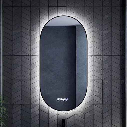 HD Light Black 50 cm széles fali ovális LED okostükör fekete slim kerettel, ambient világítással, érintőkapcsolóval, digitális órával és páramentesítő funkcióval