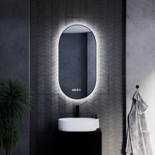 HD Light 50 cm széles fali ovális LED okostükör fekete slim kerettel, ambient világítással, érintőkapcsolóval, digitális órával és páramentesítő funkcióval