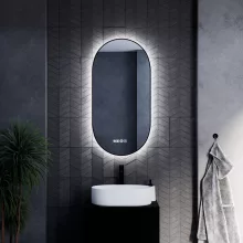 HD Light Black 50 cm széles fali ovális LED okostükör fekete slim kerettel, ambient világítással, érintőkapcsolóval, digitális órával és páramentesítő funkcióval
