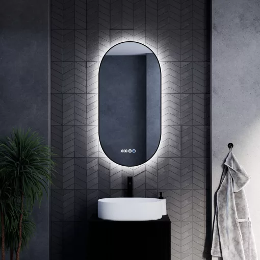 HD Light Black 50 cm széles fali ovális LED okostükör fekete slim kerettel, ambient világítással, érintőkapcsolóval, digitális órával és páramentesítő funkcióval