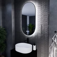 HD Light Black 50 cm széles fali ovális LED okostükör fekete slim kerettel, ambient világítással, érintőkapcsolóval, digitális órával és páramentesítő funkcióval
