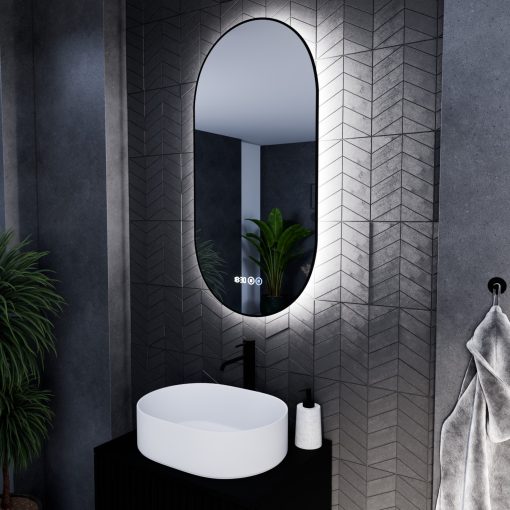 HD Light 50 cm széles fali ovális LED okostükör fekete slim kerettel, ambient világítással, érintőkapcsolóval, digitális órával és páramentesítő funkcióval