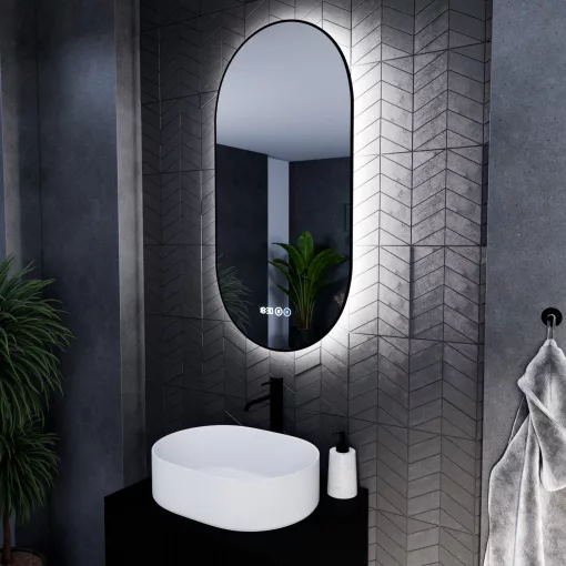 HD Light Black 50 cm széles fali ovális LED okostükör fekete slim kerettel, ambient világítással, érintőkapcsolóval, digitális órával és páramentesítő funkcióval