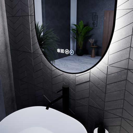 HD Light 50 cm széles fali ovális LED okostükör fekete slim kerettel, ambient világítással, érintőkapcsolóval, digitális órával és páramentesítő funkcióval
