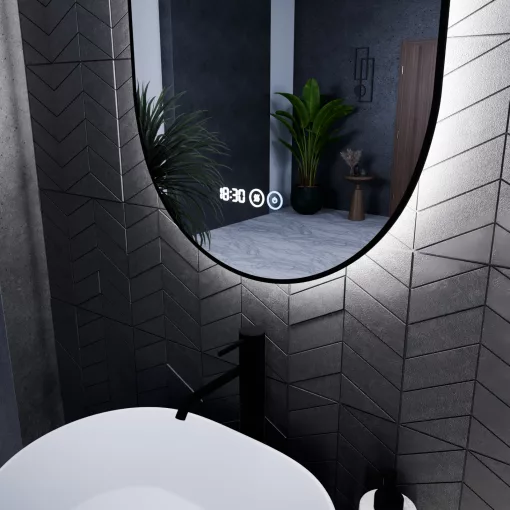 HD Light Black 50 cm széles fali ovális LED okostükör fekete slim kerettel, ambient világítással, érintőkapcsolóval, digitális órával és páramentesítő funkcióval