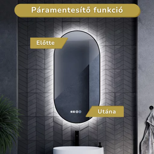 HD Light Black 50 cm széles fali ovális LED okostükör fekete slim kerettel, ambient világítással, érintőkapcsolóval, digitális órával és páramentesítő funkcióval