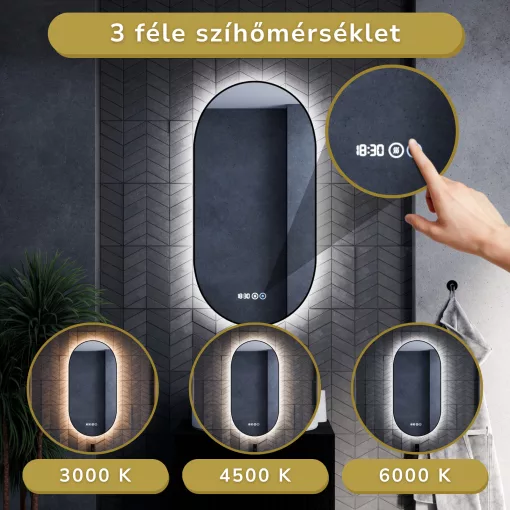 HD Light Black 50 cm széles fali ovális LED okostükör fekete slim kerettel, ambient világítással, érintőkapcsolóval, digitális órával és páramentesítő funkcióval
